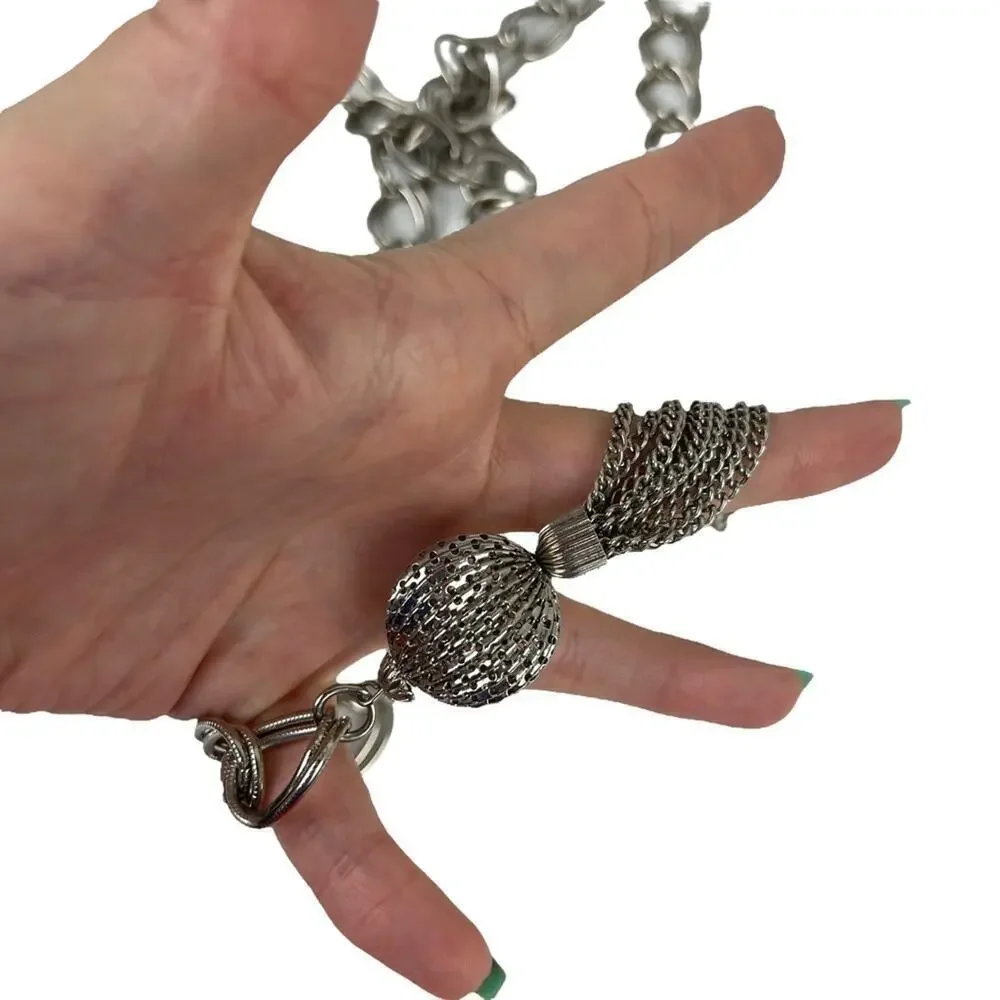 VTG Retro Silver Belt Metal Link Chain Belt Tassel Charm